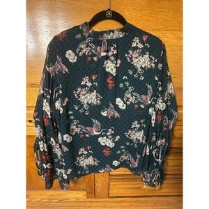 Kensie Jeans Dark Boho Floral Crane Print Mock Neck Blouse Sheer Bell Sleeve